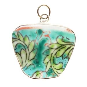 Broken China Jewelry Teal Green Floral Leaf Pendant Unique Focal for Necklace